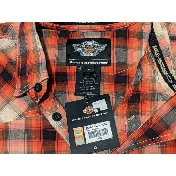 HARLEY-DAVIDSON MEN'S WASHED ORANGE PLAID SHIRT SHORT SLEEVE - NWT - LARGE - Picture 5 of 10